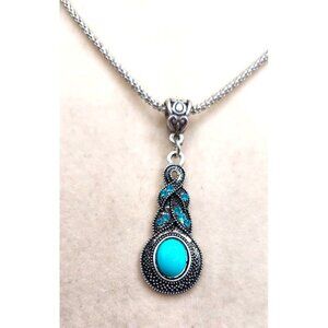 Art Deco Faux Turquoise Pendant With Blue Crystal Accent On Chain - Adjustable